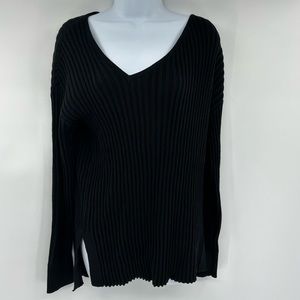 Open Edit Black Ribbed Asymmetrical V Neck Sweater Size Small